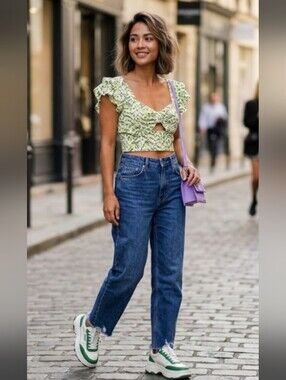 Bar III Green White Printed Crop Top